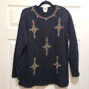 vtg Leslie Fay sportswear beaded embellished black scoop neck sweater size Large